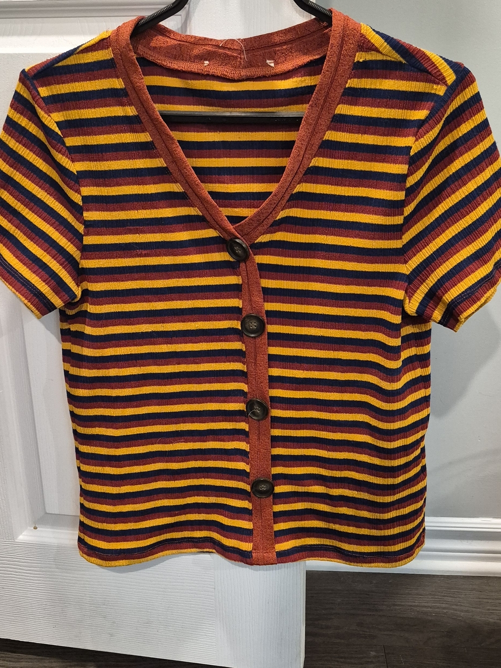Girls' Striped Button-Front Top in Yellow, Purple & Rust